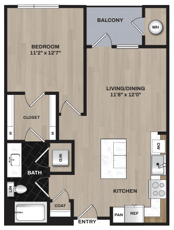 A floor plan of a home with a bedroom, living/dining area, bathroom, kitchen, and closet.
